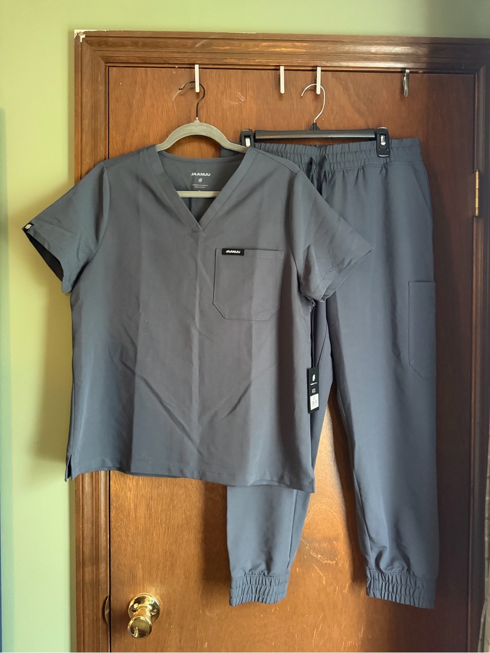 Jaanuu Women's Scrub Top and Jogger Set in Carbon Grey